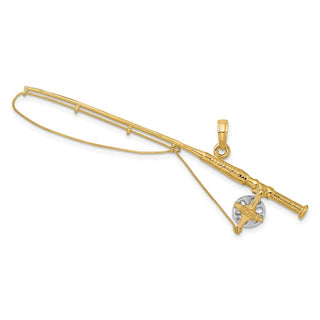 10K Yellow Gold w/Rhodium-plating 3-D Fly Rod Fishing Pole Charm