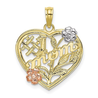 10k Yellow and Rose Gold with Rhodium #1 MOM Heart w/ Flower Pendant