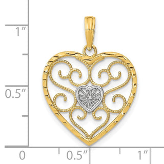 10K Yellow Gold w/Rhodium-plating Filigree Beaded Heart Charm