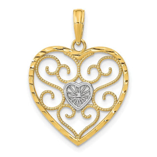 10K Yellow Gold w/Rhodium-plating Filigree Beaded Heart Charm