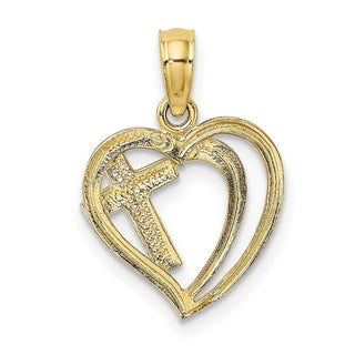 10k Yellow Gold With Rhodium-Plating-Plated Cross In Heart Pendant