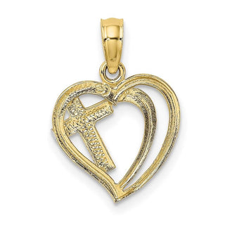 10k Yellow Gold With Rhodium-Plating-Plated Cross In Heart Pendant