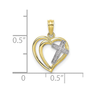 10k Yellow Gold With Rhodium-Plating-Plated Cross In Heart Pendant