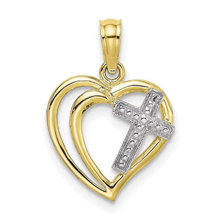 10k Yellow Gold With Rhodium-Plating-Plated Cross In Heart Pendant