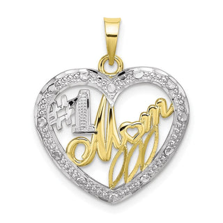 10k Yellow Gold With Rhodium-Plating Bead Trim #1 Mom In Heart Pendant