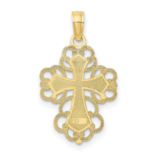 10k Yellow Gold With Rhodium-Plating-Plated Beaded Lace Trim Cross Pendant