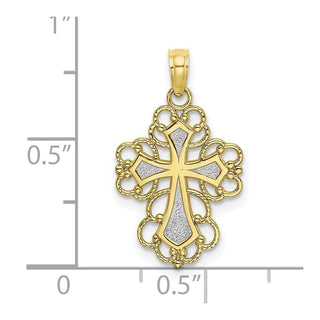 10k Yellow Gold With Rhodium-Plating-Plated Beaded Lace Trim Cross Pendant