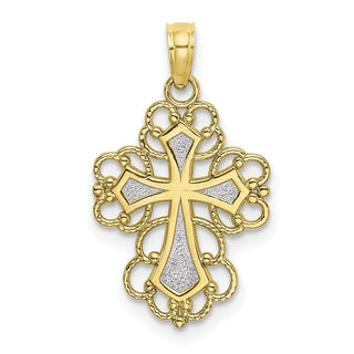 10k Yellow Gold With Rhodium-Plating-Plated Beaded Lace Trim Cross Pendant