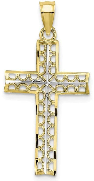 10k Yellow Gold With Rhodium-Plating Diamond-Cut Filigree Cross Pendant
