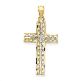 10k Yellow Gold With Rhodium-Plating Diamond-Cut Filigree Cross Pendant