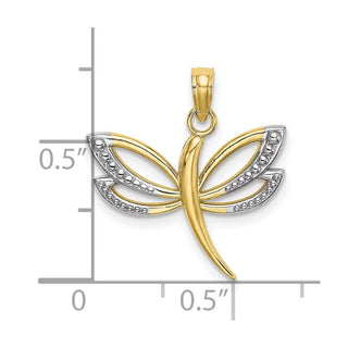 10k Yellow Gold With Rhodium-Plating Textured Dragonfly Pendant