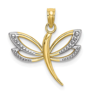 10k Yellow Gold With Rhodium-Plating Textured Dragonfly Pendant