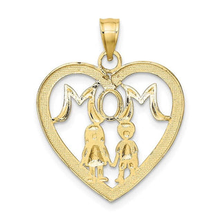 10k Yellow Gold With Rhodium-Plating-Plated Heart With 2 Kids Mom Pendant