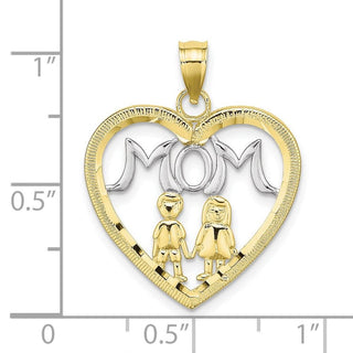 10k Yellow Gold With Rhodium-Plating-Plated Heart With 2 Kids Mom Pendant