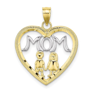 10k Yellow Gold With Rhodium-Plating-Plated Heart With 2 Kids Mom Pendant