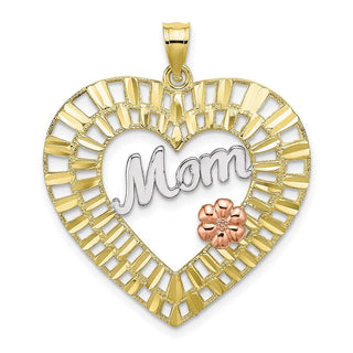 10k Yellow and Rose Gold with Rhodium and Diamond-cut Mom Heart Pendant