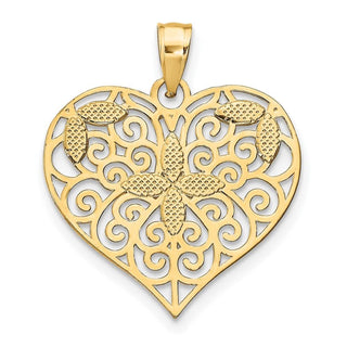 10K Yellow Gold w/Rhodium-plating Cut-Out Filigree Flower and Heart Charm