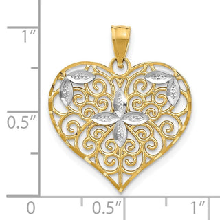 10K Yellow Gold w/Rhodium-plating Cut-Out Filigree Flower and Heart Charm