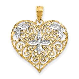 10K Yellow Gold w/Rhodium-plating Cut-Out Filigree Flower and Heart Charm