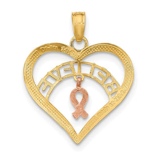 10k Two-tone Gold with White Rhodium-plating BELIEVE in Heart w/ Breast Cancer Ribbon Pendant
