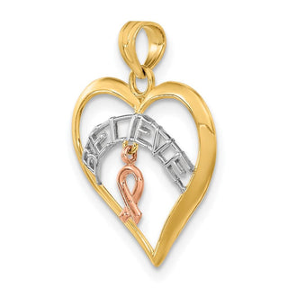 10k Two-tone Gold with White Rhodium-plating BELIEVE in Heart w/ Breast Cancer Ribbon Pendant