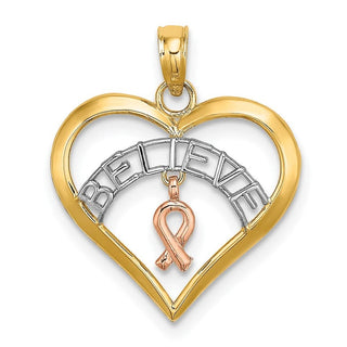 10k Two-tone Gold with White Rhodium-plating BELIEVE in Heart w/ Breast Cancer Ribbon Pendant