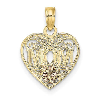 10k Yellow and Rose Gold with Rhodium Polished MOM and Heart in Heart Pendant