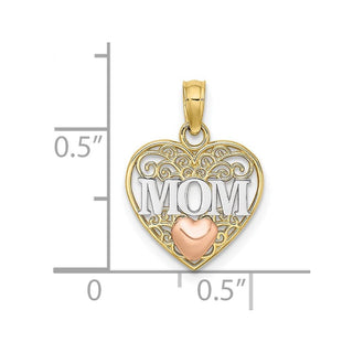 10k Yellow and Rose Gold with Rhodium Polished MOM and Heart in Heart Pendant