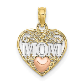 10k Yellow and Rose Gold with Rhodium Polished MOM and Heart in Heart Pendant