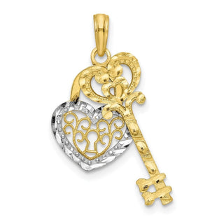 10k Yellow Gold w/Rhodium Filigree Heart Lock and Key Pendant