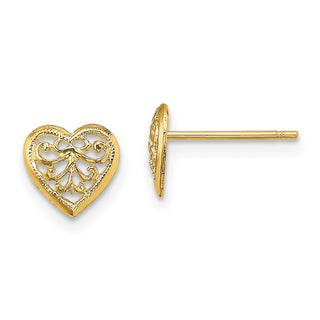 10k Yellow Gold 7.36mm Filigree Heart Stud Earrings