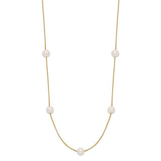18" 10k Yellow Gold 5-6mm Round White Freshwater Cultured Pearl 9-Station Necklace