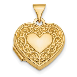 10K Yellow Gold Polished Fancy Scroll Design Front & Back 15mm Heart Locket Pendant