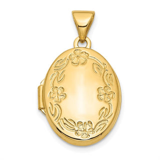 10K Yellow Gold 17mm Oval Leaf Floral Hand Engraved Locket Pendant