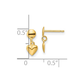 10k Yellow Gold 12.25mm Polished Heart Post Dangle Earrings