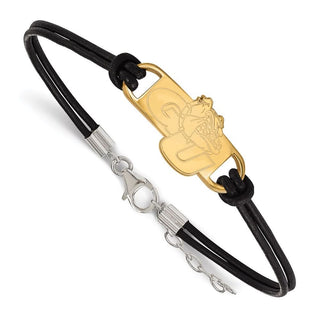 Sterling Silver Gold-plated LogoArt Gonzaga University G-U Bulldog Small Center Black Leather 7 inch Bracelet with Extender