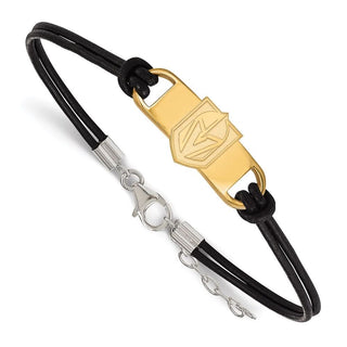 Sterling Silver Gold-plated NHL LogoArt NHL Vegas Golden Knights Black Leather 7 inch Bracelet with Extender
