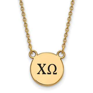 Sterling Silver Gold-plated LogoArt Chi Omega Sorority Greek Letters Small Black Enamel Pendant 18 inch Necklace
