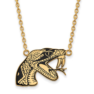 Sterling Silver Gold-plated LogoArt Florida A and M University Rattler Large Enameled Pendant 18 inch Necklace