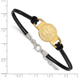 Sterling Silver Gold-plated NHL LogoArt New York Islanders Small Center Black Leather 7 inch Bracelet with Extender