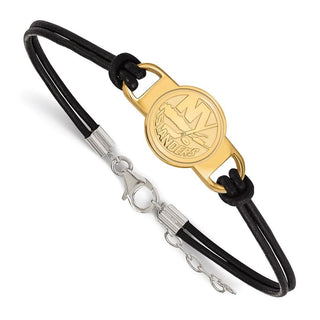 Sterling Silver Gold-plated NHL LogoArt New York Islanders Small Center Black Leather 7 inch Bracelet with Extender