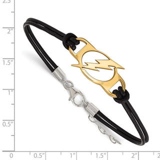 Sterling Silver Gold-plated NHL LogoArt Tampa Bay Lightning Small Center Black Leather 7 inch Bracelet with Extender