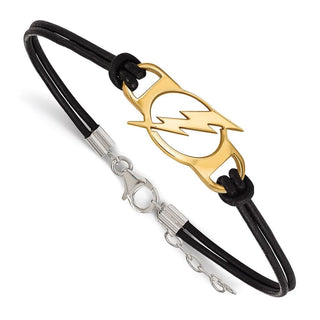 Sterling Silver Gold-plated NHL LogoArt Tampa Bay Lightning Small Center Black Leather 7 inch Bracelet with Extender