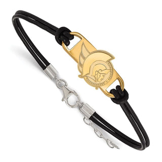 Sterling Silver Gold-plated NHL LogoArt Ottawa Senators Small Center Black Leather 7 inch Bracelet with Extender