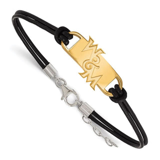 Sterling Silver Gold-plated LogoArt College of William and Mary Black Leather 7 inch Bracelet with Extender