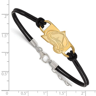 Sterling Silver Gold-plated NHL LogoArt Colorado Avalanche Letter A Small Center Black Leather 7 inch Bracelet with Extender