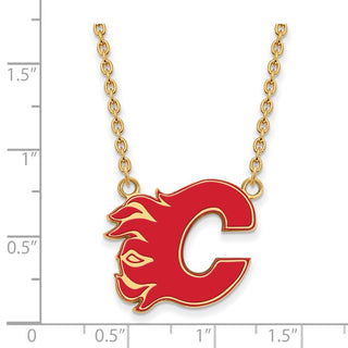 Sterling Silver Gold-plated NHL LogoArt Calgary Flames Letter C Large Enameled Pendant 18 inch Necklace