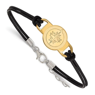 Sterling Silver Gold-plated NHL LogoArt Winnipeg Jets Small Center Black Leather 7 inch Bracelet with Extender
