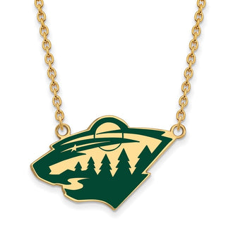 Sterling Silver Gold-plated NHL LogoArt Minnesota Wild Large Enameled Pendant 18 inch Necklace