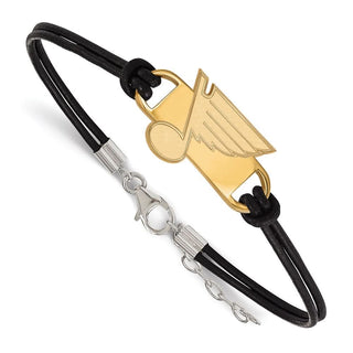Sterling Silver Gold-plated NHL LogoArt St. Louis Blues Small Center Black Leather 7 inch Bracelet with Extender